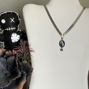 Amethyst AB Glass Cab and Blue AB Rhinestone Drop on Stainless Chevron Chain